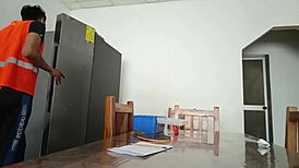 Housewife Shows Vagina On Desk While Maintenance Man Checks Refrigerator!