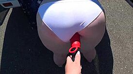 Girlfriend Strap-On Fucks Fat Booty Milf by Car Outdoors POV! 😘