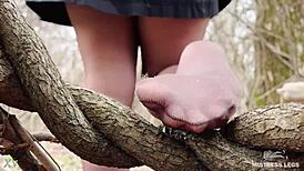 Goddess Teases with Feet in Tan Pantyhose in Spring Forest