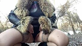 Mature busty cougar pisses outdoors in stockings 😍
