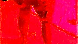 Brunette chubby girl sits on big dick under red light, contrasting her small tits with the intense action.