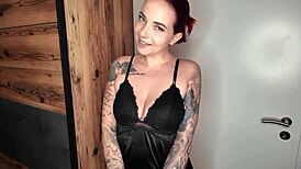 european girl gives hot footjob while naked, then more with wet pussy and pierced nipples