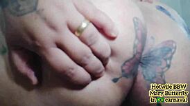 bbw hotwife swinger mary butterfly dances in brazilian carnaval showing saggy tits and nipples.