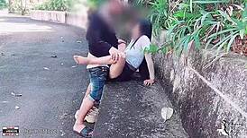 Student Fucks Girlfriend on Show in the Park with Rough Outdoor Action