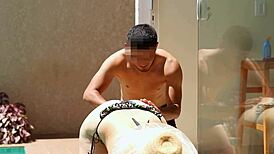 Novinho Oils My Wife, Fucks Her, Cums in Mouth by Pool