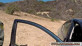 blonde honey in cop uniform does threesome on the rubber hood, getting facial cumshot.