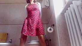 Yo, I caught this brunette topless on a hidden toilet cam today!