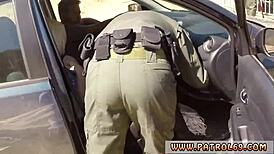 blonde honey in cop uniform does threesome on the rubber hood, getting facial cumshot.