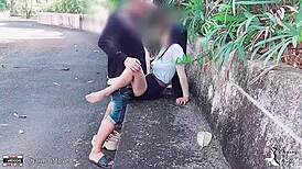 Student Fucks Girlfriend on Show in the Park with Rough Outdoor Action