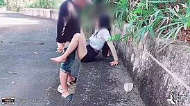 Student Fucks Girlfriend on Show in the Park with Rough Outdoor Action