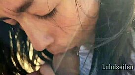 Teen swallows cum outdoors while deepthroating, guess the spot