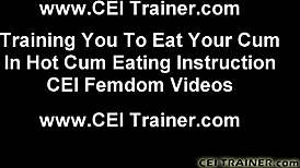 Femdom guides first cock sucking with cum eating instructions in pov.