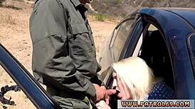 blonde honey in cop uniform does threesome on the rubber hood, getting facial cumshot.