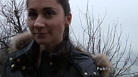 euro brunette strips nude in public for quick cash