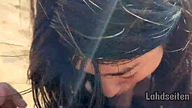 Teen swallows cum outdoors while deepthroating, guess the spot