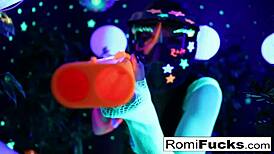 Romi Rain and Dani devour each other's pussies in black-light lesbian fun!