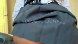 colegiala caught on camera twice with uniform on. peruvian teen couple gets wild on school patio.