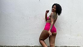 Naughty Latina flashes outdoors, guiding jerk-off to creamy finish.