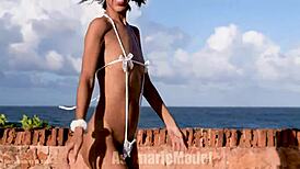 Hairy bush in micro bikini twerking publicly at Christmas, so daring!