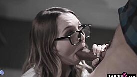 Lily Larimar, petite cheerleader teen, complimented by older teacher Ryan Driller in blowjob and fucking scene.