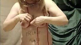 French Slave Whore Flashes Tits in Public Bondage