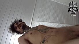 Brazilian stud jerks off publicly with hot cum invite