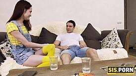 Dirty babe hooks rich stepbrother into nailing her shaved pussy