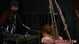 teen 18+ bound in bondage, licking vibrator under female foot domination