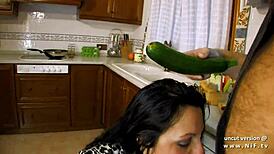 Horny French MILF double plugged in kitchen? Watch her cum!