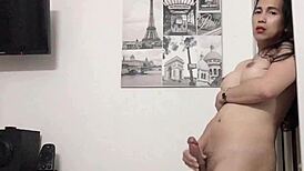 big boobs ladyboy teases cock during sweaty exercise