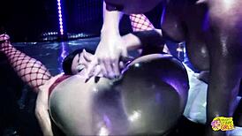 watch this blonde stripper make her brunette girlfriend lick the dildo clean after orgasm?