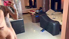 she bends over for a blowbang in front of the mirror, getting banged hard