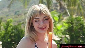 Hey, check out this hot petite 18+ blonde babe from zerotolerancefilms enjoying a sloppy summer blowjob 😍