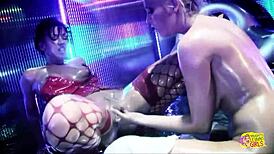 watch this blonde stripper make her brunette girlfriend lick the dildo clean after orgasm?