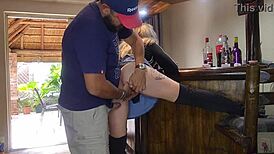 Cute Blonde Lifts Skirt for Quick Doggy Action