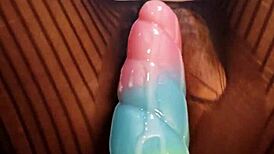 Watch this babe ride that monster cock dildo close-up, her wet hairy pussy getting filled and cumming hard.