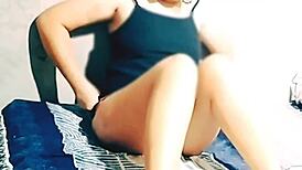 does the asian wife get wet and horny making him cum on the bed?