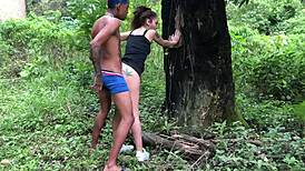 First Time Dragging This Skinny Latina for Outdoor Action in the Woods