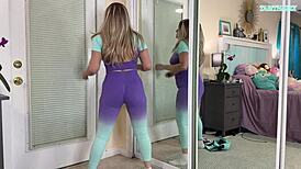 sexy milf tabithaxxx tries on tight gym leggings in bedroom, flashing curvy body and big natural tits for pov fans during sfw haul.