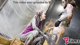 hey, watch this alt dominatrix pegging tattooed worker with dripping cumshot