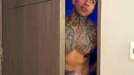 Busty stepmom secretly hooks up with muscular stepson during husband's absence.