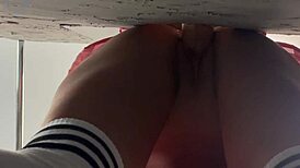 Slut through gloryhole gets cumshots in mouth and pussy