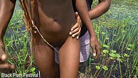 Skinny African Babe Strokes Tourist in River! Can't Believe How She Handles It!