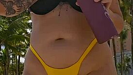 Married woman pulls panties aside in chemical toilet for blowjob after dick photo tease