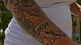 Married woman pulls panties aside in chemical toilet for blowjob after dick photo tease