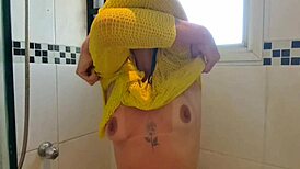 horny latina girl in the bath rubbing her tits and showing her ass, begging for cock