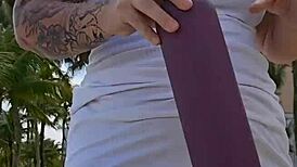 Married woman pulls panties aside in chemical toilet for blowjob after dick photo tease