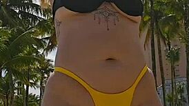 Married woman pulls panties aside in chemical toilet for blowjob after dick photo tease