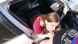 Teen seduces driver with sloppy blowjob and swallows cum!