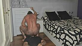 Milf milks him with her big tattooed ass until he squirts the last drop!
